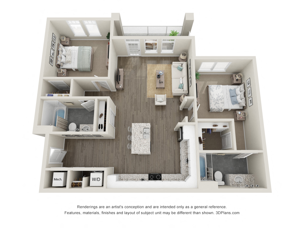 Floor plan for 2 beds, 2 baths, 1103 sqft